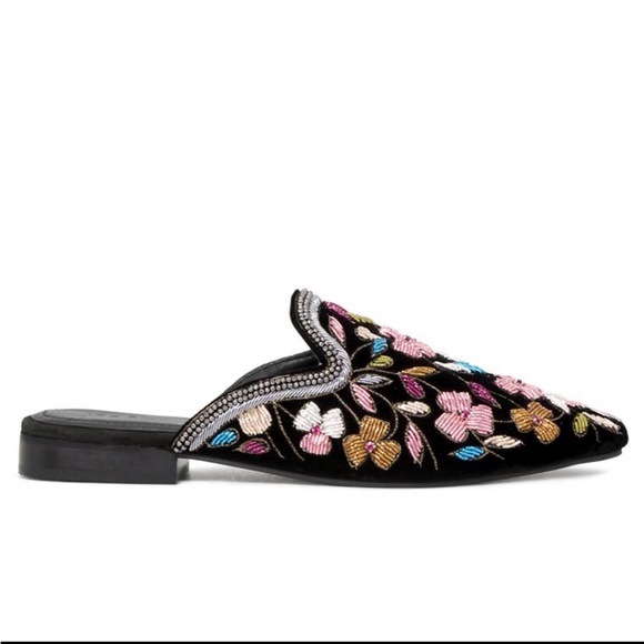 Black Velvet Floral Embroidered Pointed Toe Mules - Picture 3 of 4